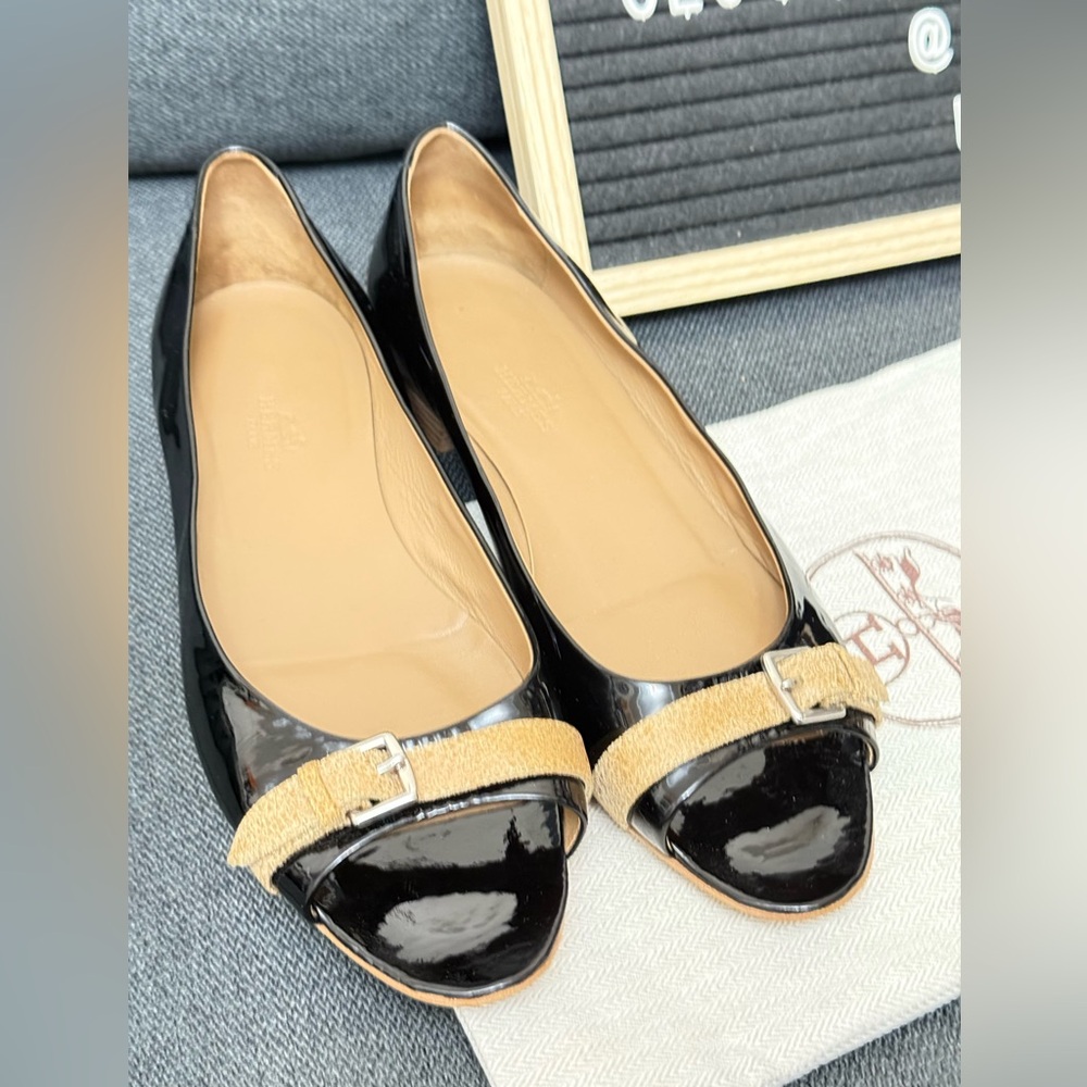 Hermes Black Patent Leather Peep toe Flat shoes size 39.5